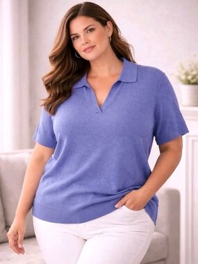Women's J.Crew Blue Cotton Cashmere Blend Short Sleeve Shirt Polo Size 3X